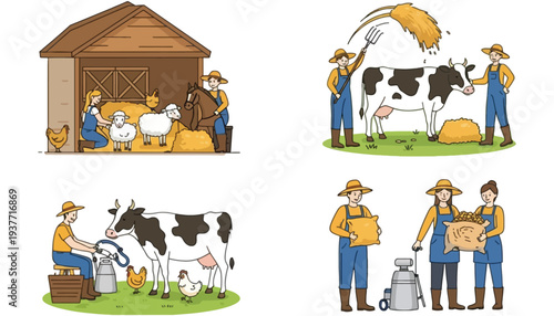 Farmers working on a farm with cows and chickens in illustrations