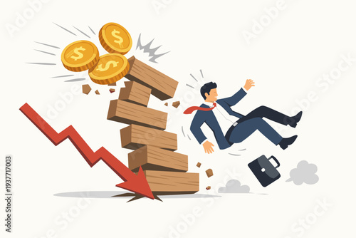 Investment risk and stock market volatility concept with businessman falling from collapsing wooden block tower, dollar coins flying, and red arrow pointing down, symbolizing financial crisis.