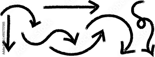 A collection of hand drawn black arrows and swirling lines are displayed against a stark white background evoking a sense of direction and movement