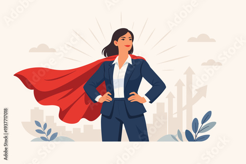 Powerful Businesswoman in Professional Suit with Red Superhero Cape Standing in Power Pose, Concept of Female Empowerment, Leadership, Career Growth, Feminism, and Corporate Success Illustration