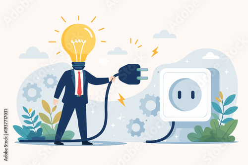 Businessman with lightbulb head plugging into power socket for inspiration and innovation. Concept of creative thinking, business solution, brainstorming, energy, and intelligence in work.