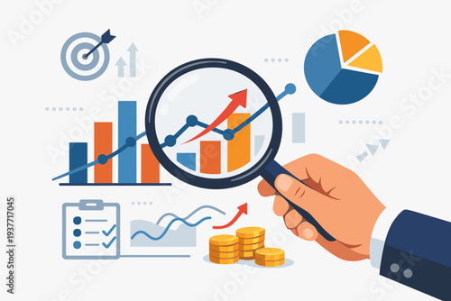 Business analysis and investment research concept with hand holding magnifying glass over financial growth charts, bar graphs, pie diagrams, and data statistics for market oversight and insight.