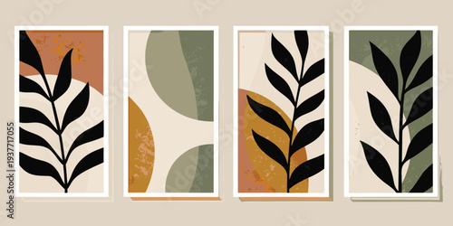 Abstract botanical wall art featuring leaves and organic shapes in warm tones