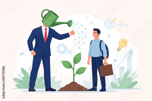 Business mentor helping career growth through coaching and education for growth mindset, professional businessman watering seedling plant for young employee, leadership and career development.