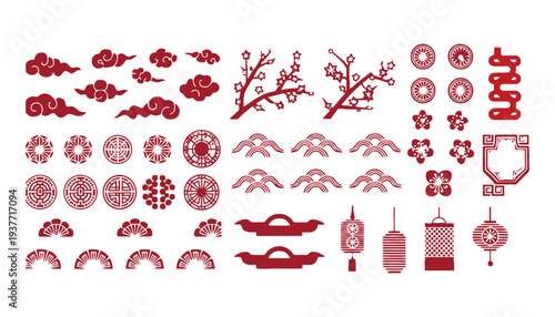 A collection of traditional Chinese red icon illustrations and symbols