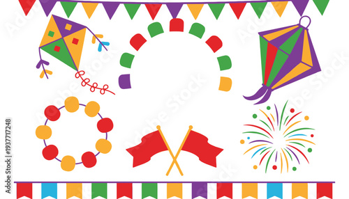 A colorful kite illustration with festive flags and fireworks decorations