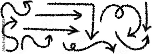 A collection of roughly drawn black arrows and swirling lines create a dynamic abstract composition on a stark white background high quality professional