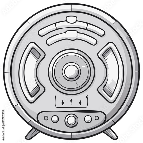 Illustration of retro audio reel-to-reel tape recorder in grayscale.