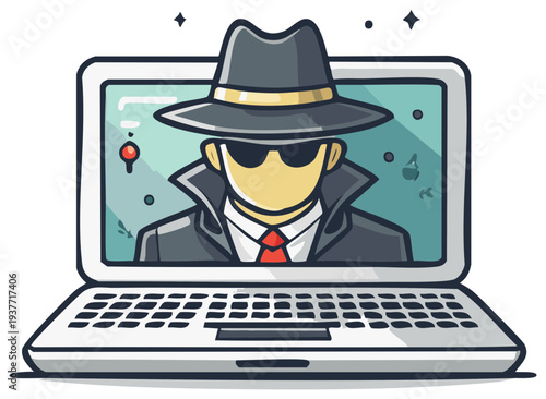 Spy agent icon in laptop screen with hat and sunglasses, network security