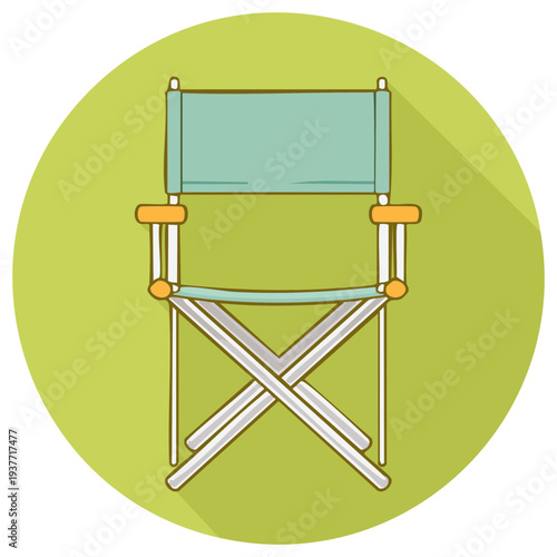 Isolated Illustration of a Director Chair with Foldable Design, Teal Seat and Wooden Armrests within a Round Green Background