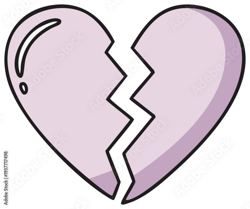 Stylized illustration of a light purple broken heart with a bold black outline and a white jagged crack