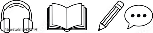 Education and learning icon set with headphones open book pencil and speech bubble symbols for academic study and communication.