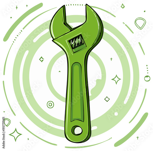 Shiny green adjustable wrench cartoon illustration with a dynamic abstract background