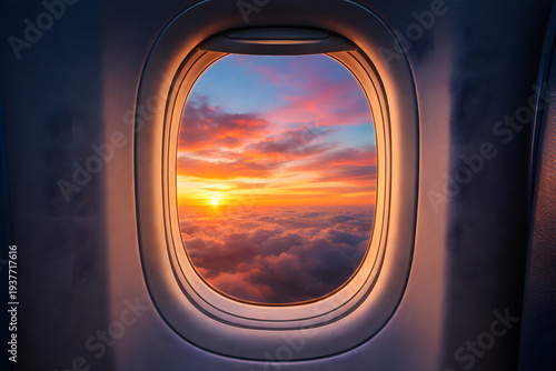 A close-up view of an airplane window showing a stunning sunset with hues of orange, pink, and blue outside, contrasting with the blue interior of the plane