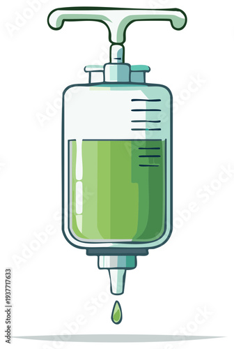 Green Intravenous Drip Illustration with Scaled Liquid and Single Droplet for Medical Treatment