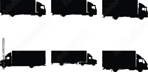 Set of six distinct black silhouette illustrations of box trucks, presented from various viewpoints for use in logistics and transportation graphics.