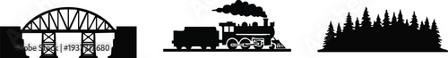 Vintage Steam Train and Forest Silhouette Set: Iron Bridge, Locomotive, and Pine Treeline Icons