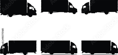 Group of six black silhouette illustrations of semi-trailer trucks, captured from multiple angles for graphic design in the transportation sector.