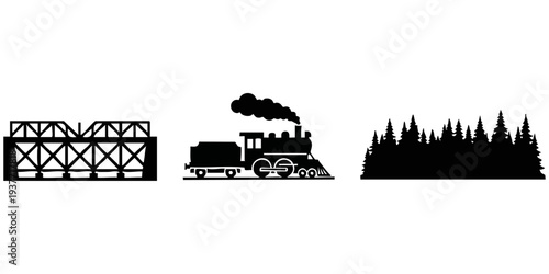 Vintage Steam Train and Forest Silhouette Set: Iron Bridge, Locomotive, and Pine Treeline Icons