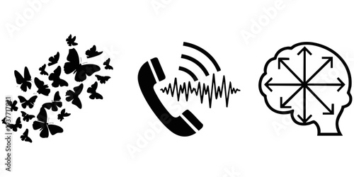 Mental Health and Communication Silhouette Set: Butterfly Effect, Broken Connection, and Confusion Icons
