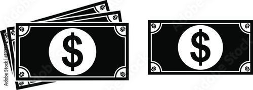 American dollar banknote cash money icons set in flat silhouette style for financial banking payment and wealth concept.