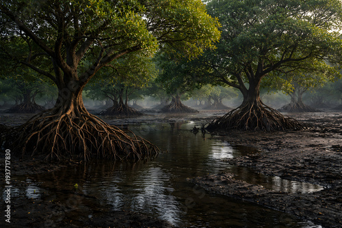 Mangroves trees in dark water at low tide