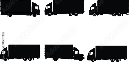 Six diverse black silhouette trucks, including semi-trailers and box trucks, isolated on white, representing global freight and delivery services.