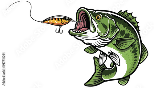 A large green fish biting a fishing lure with a hook
