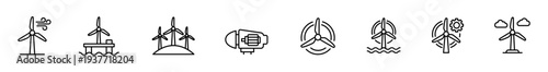 Wind turbine offshore wind wind farm renewable energy clean power line icon vector outline set, minimal black symbol collection showing battery storage, rotor, floating platform, maintenance gear