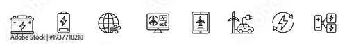 Renewable energy battery electric vehicle charging sustainability wind turbine recycling icon set, line outline symbols for clean power, global network, dashboard, and smartphone interface
