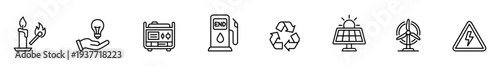Energy electricity renewable recycling solar wind fuel generator icons set, thin line symbols for green technology, fuel station, candle, lightbulb, warning sign on white background