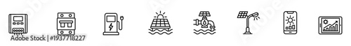 Solar energy icon electricity meter circuit breaker charging station solar panel solar boat street light, outline pictogram collection for renewable power monitoring, mobile app, analytics