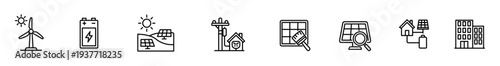 Renewable energy icon wind turbine battery solar panel power grid energy storage smart home, minimal line symbol set for clean electricity, sustainable technology, energy management, city building