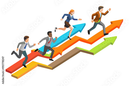 Business people running up arrows representing growth and success