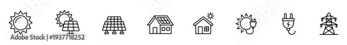 Solar energy icon outline sun panel house plug collection of black line symbols featuring photovoltaic system, rooftop home, electricity connector, and power grid tower for renewable technology