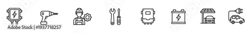 Electric vehicle charging battery icon outline solar drill mechanic bus set with simple line style for transportation service, charging maintenance, isolated on white background