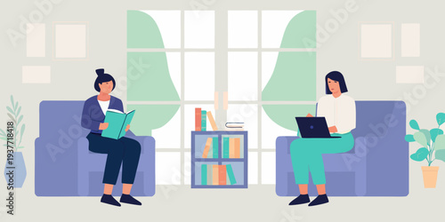 Two women interacting in a brightly lit modern living room setting