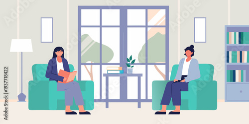 Two women are seated in armchairs during a therapy or counseling session