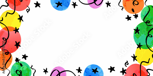 Colorful balloons stars and streamers create a celebratory border design