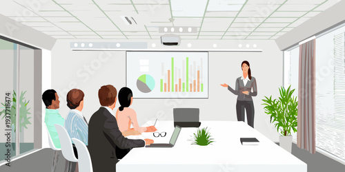 A businesswoman presents data analysis to a group in a modern conference room