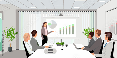 A businesswoman presents data analysis to a diverse team in a modern office