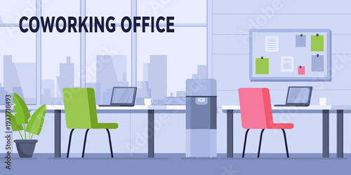 Modern coworking space with desks chairs and a city view