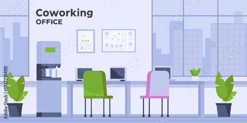 Modern coworking office space with desks plants and city view