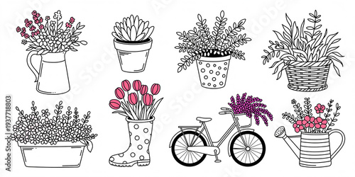 Whimsical Black and White Line Collection of Garden Including Potted Plants and Flowers
