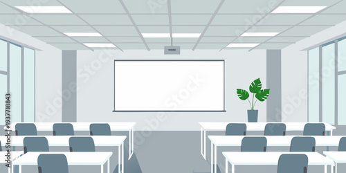 Empty classroom with a projector whiteboard and tropical plant