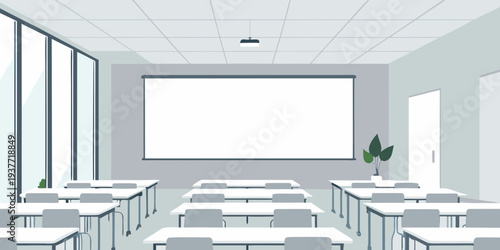 Empty classroom with a large projection screen and rows of desks
