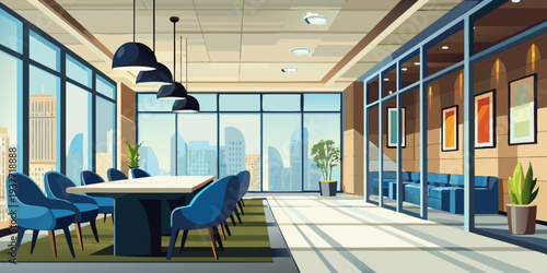 Modern office interior with a conference table and cityscape view