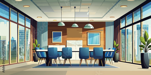 Modern conference room with a large table and city view through windows