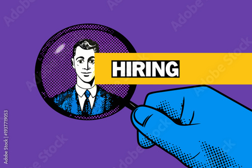 Pop art illustration of a man with a hiring banner and hand