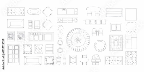 Architectural plan views of furniture and decorative elements in line art
